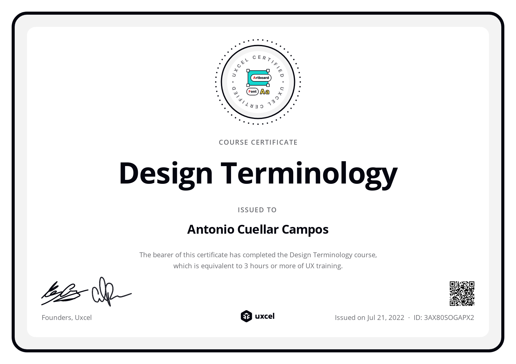 Antonio Cuellar Campos's certificate